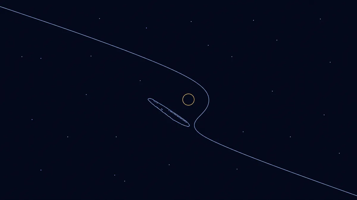 双曲線の軌道を描いて太陽系を横切り、星々の間へ去っていく細長い天体のイメージ