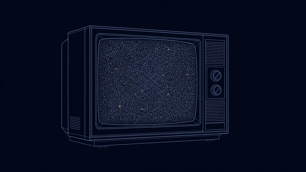 深夜、番組が終わって砂嵐だけが映る古いテレビと、その向こうに広がる淡い星空